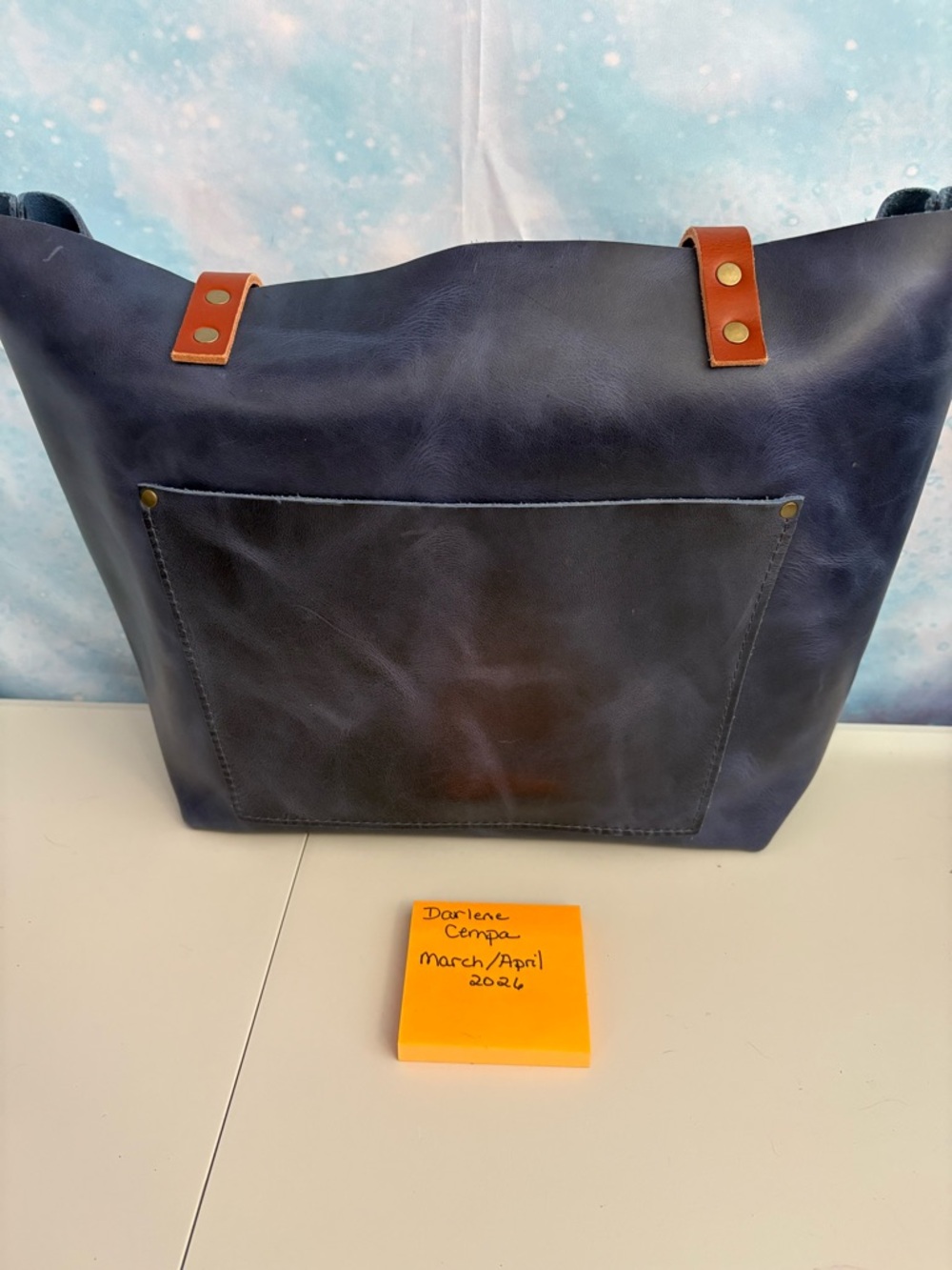 Portland Leather Navy Tote with Tan Strap Accents